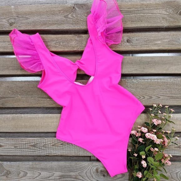 Women One Piece Organza‎ Ruffle Twisted Front Swimsuit - Picture 4 of 6